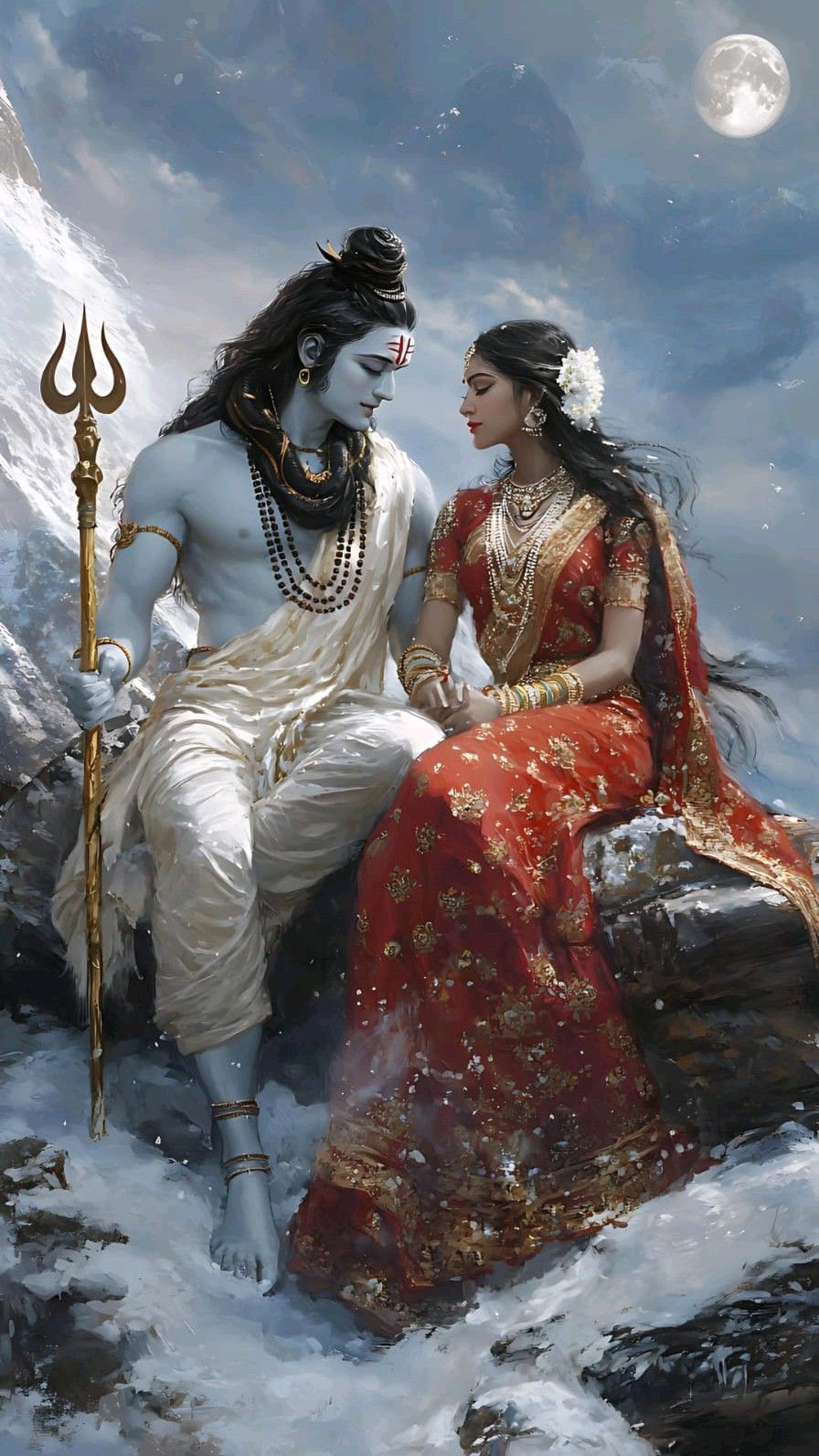 Shiva and Parvati in a snowy setting