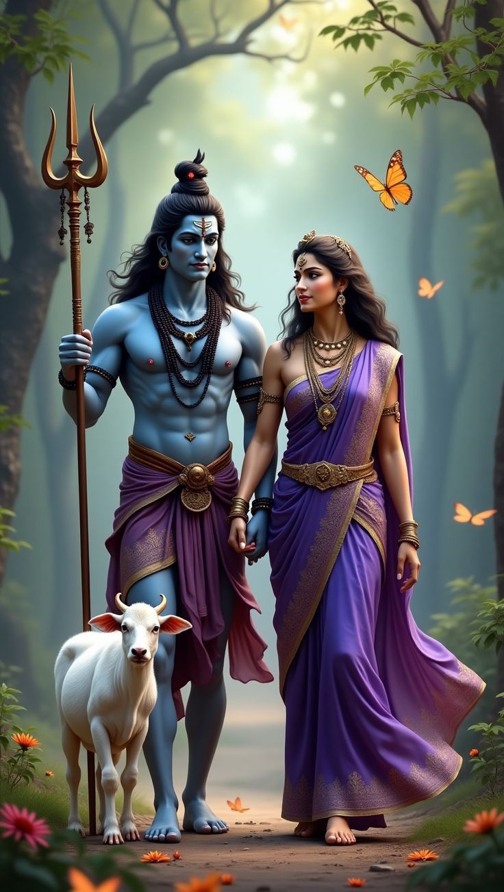 Shiva and Parvati in a forest setting