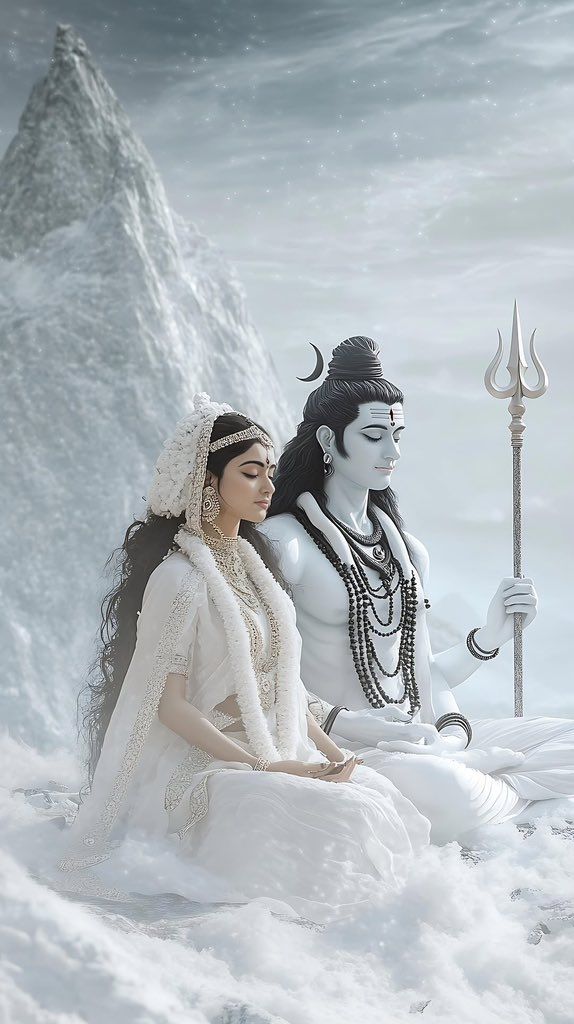 Shiva and Parvati in snowy mountains