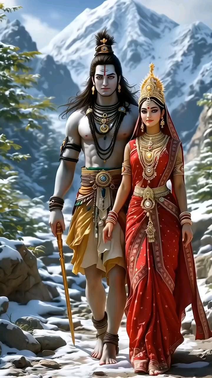 Shiva and Parvati amidst snowy mountains