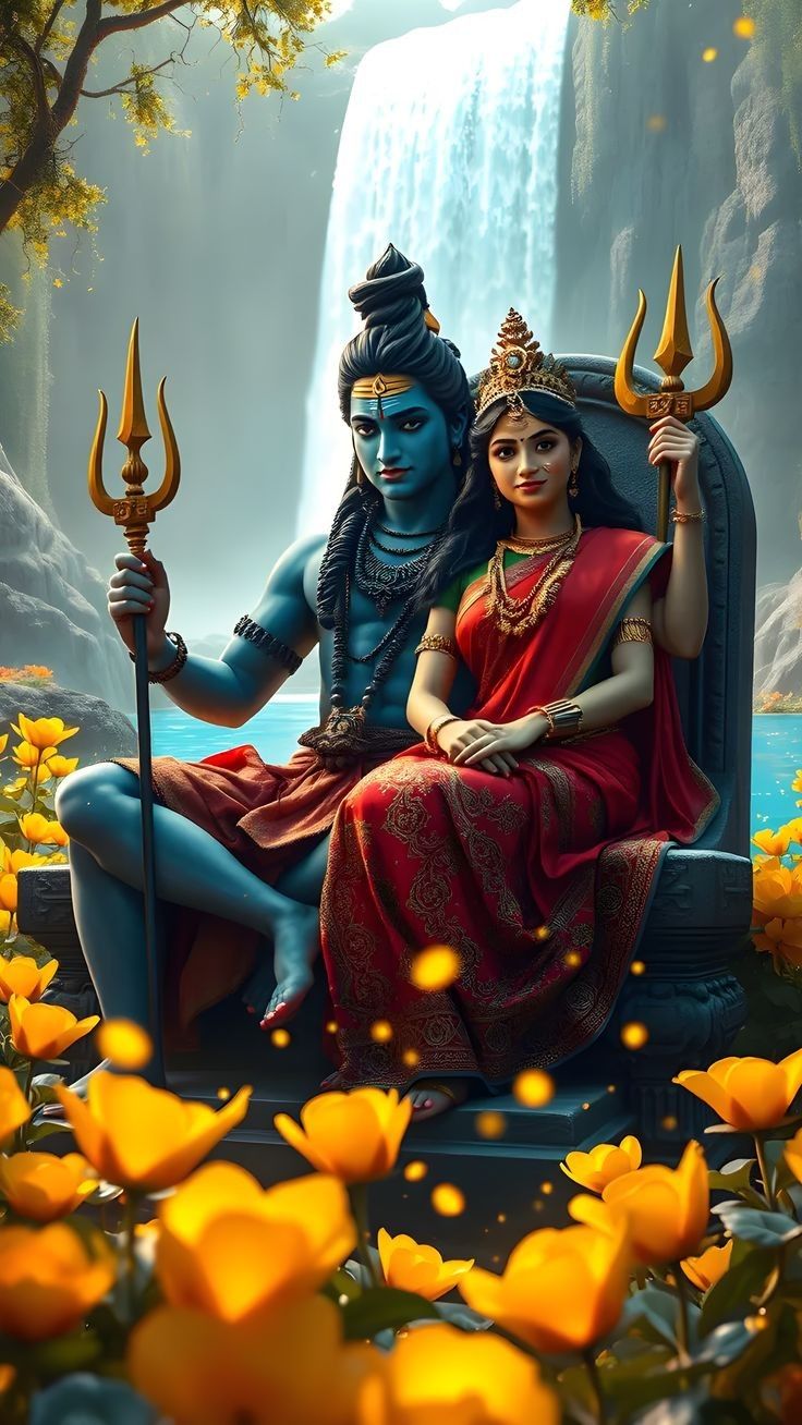 Shiva and Parvati amidst a waterfall.