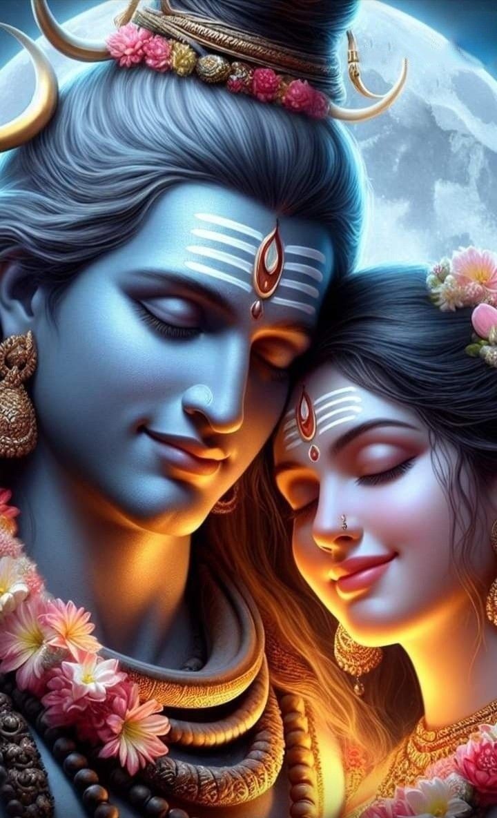 Shiva and Parvati embrace lovingly.
