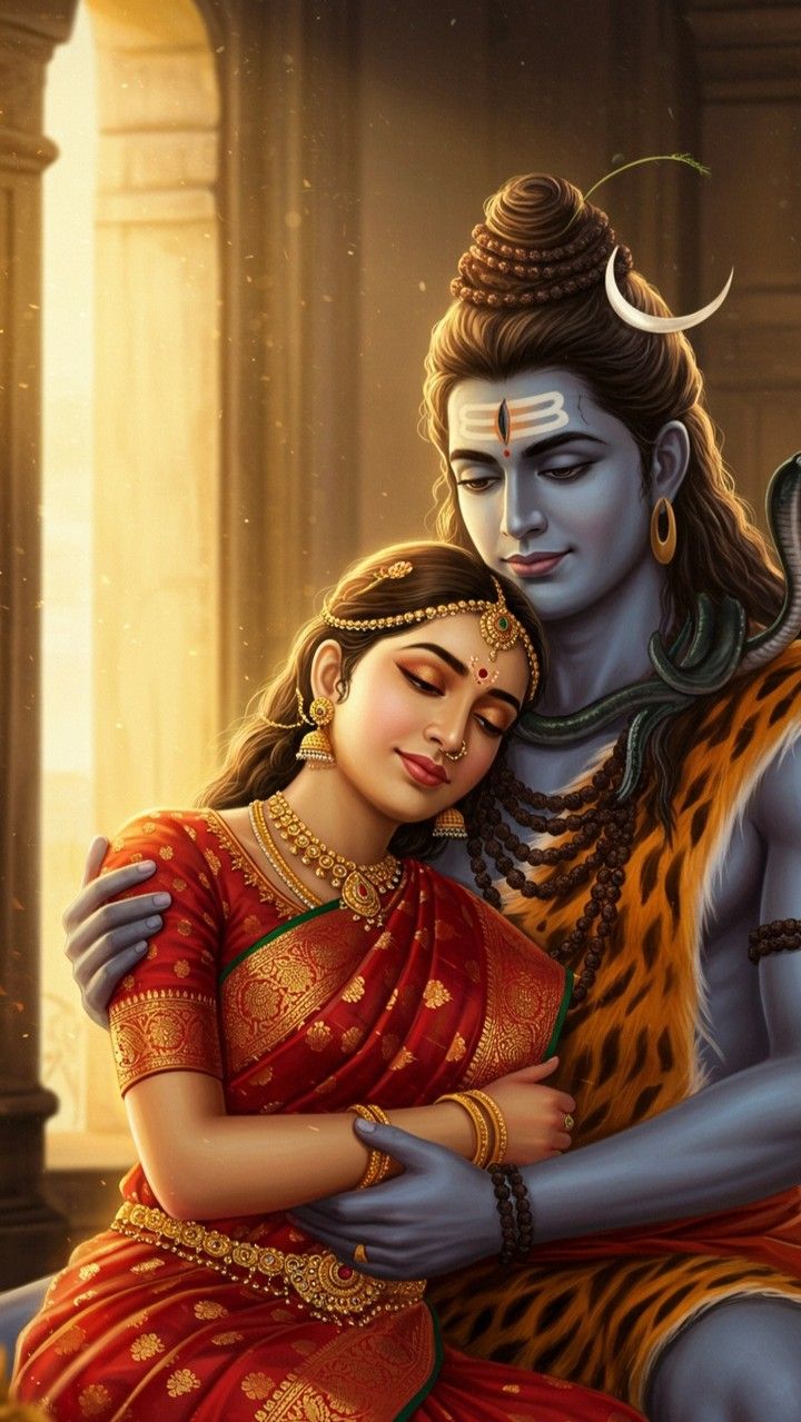 Shiv Parvati embracing in a divine pose