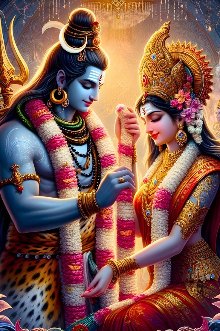 Shiva and Parvati exchanging floral garlands