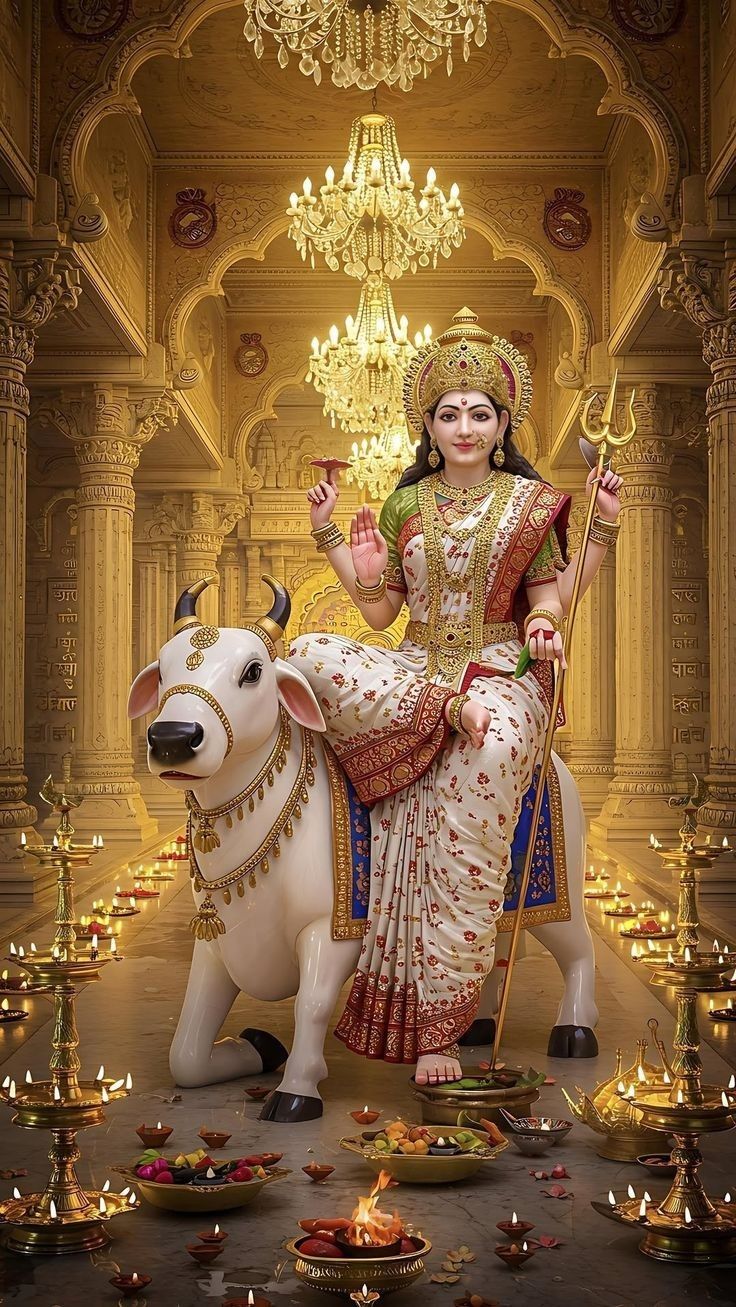 Parvati Maa rides Nandi in temple.