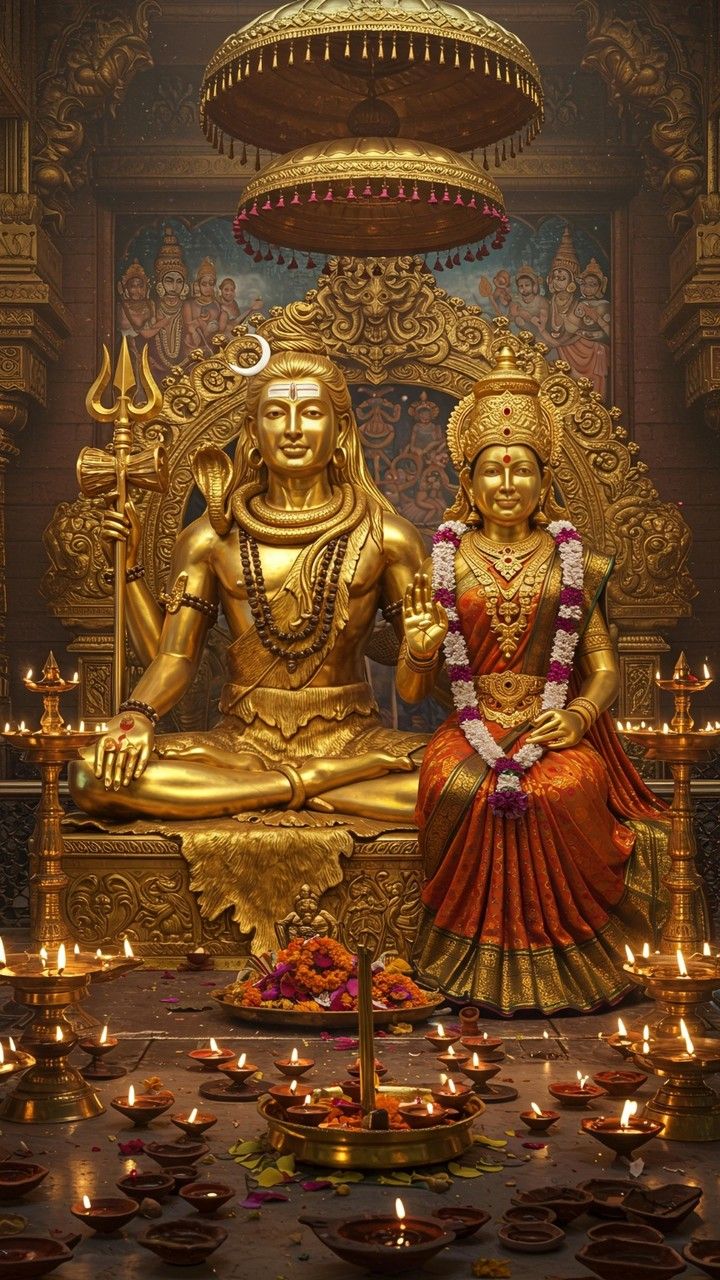 Shiva and Parvati golden temple statue