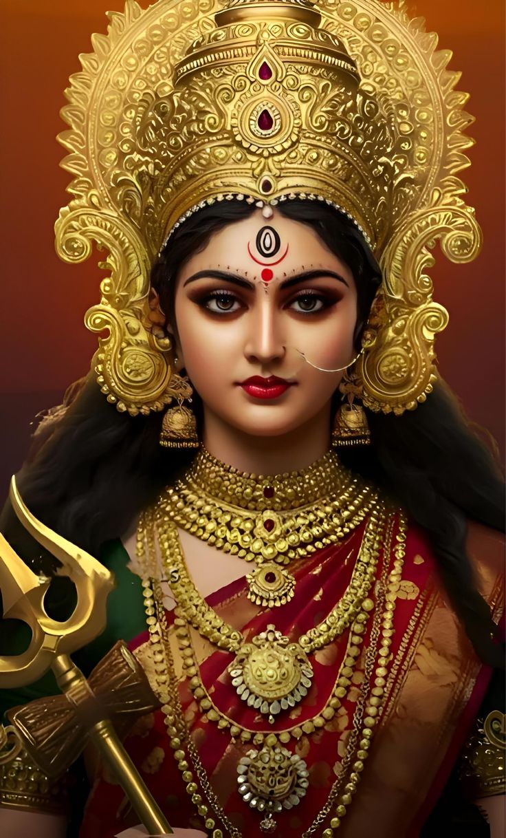 Parvati Maa golden portrait, divine goddess