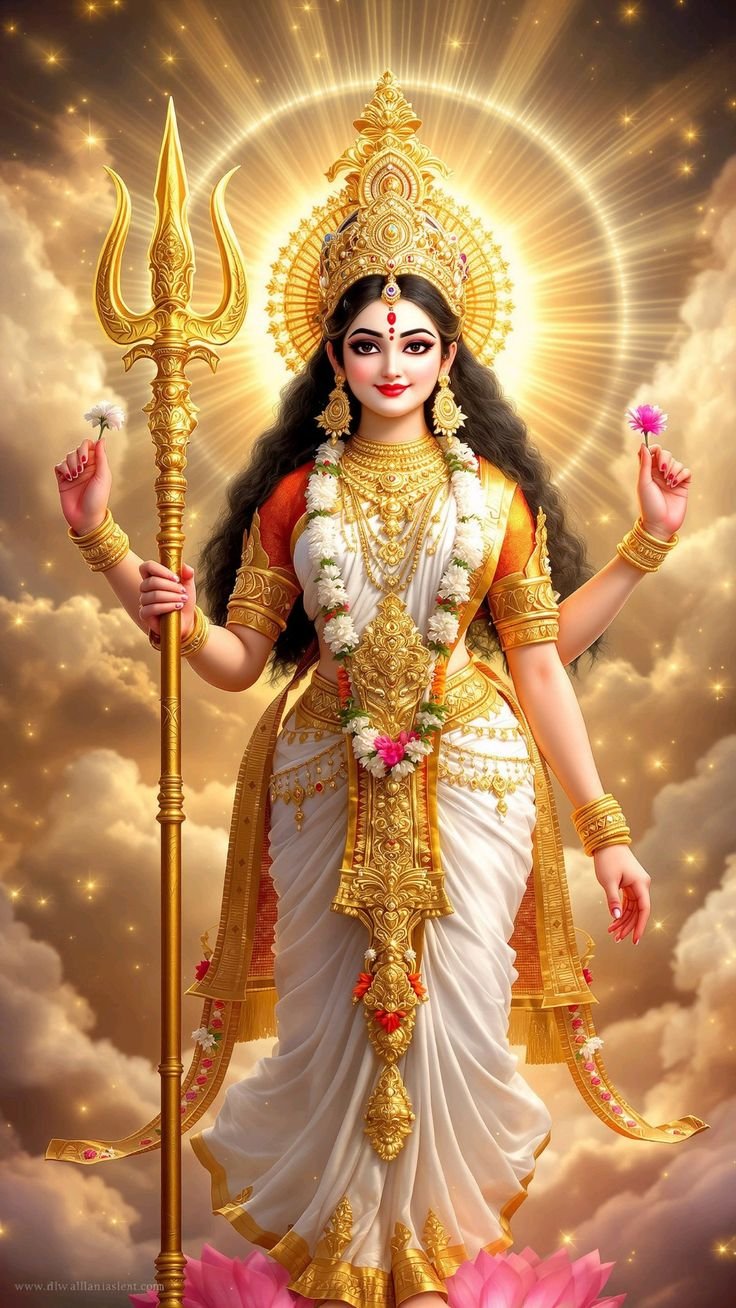 Radiant Parvati Maa with trident and lotus.