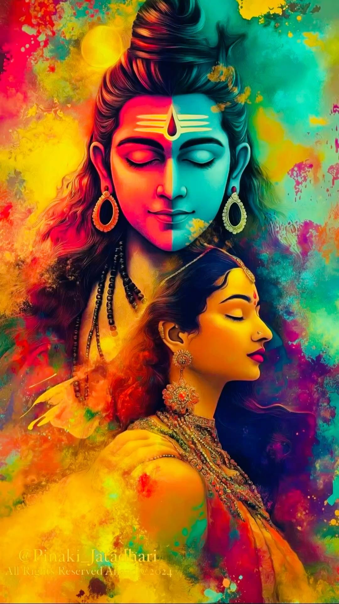 Shiva and Parvati divine colorful portrait