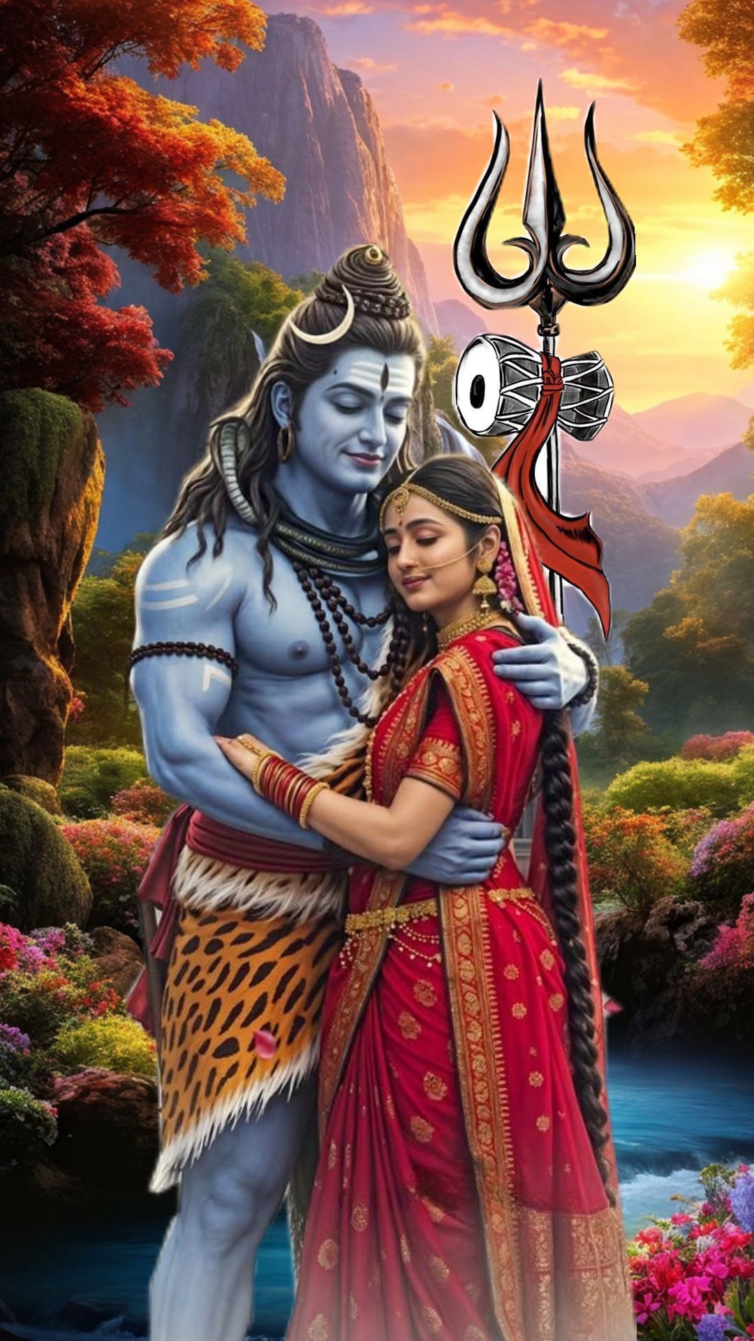 Shiva and Parvati embrace in forest.