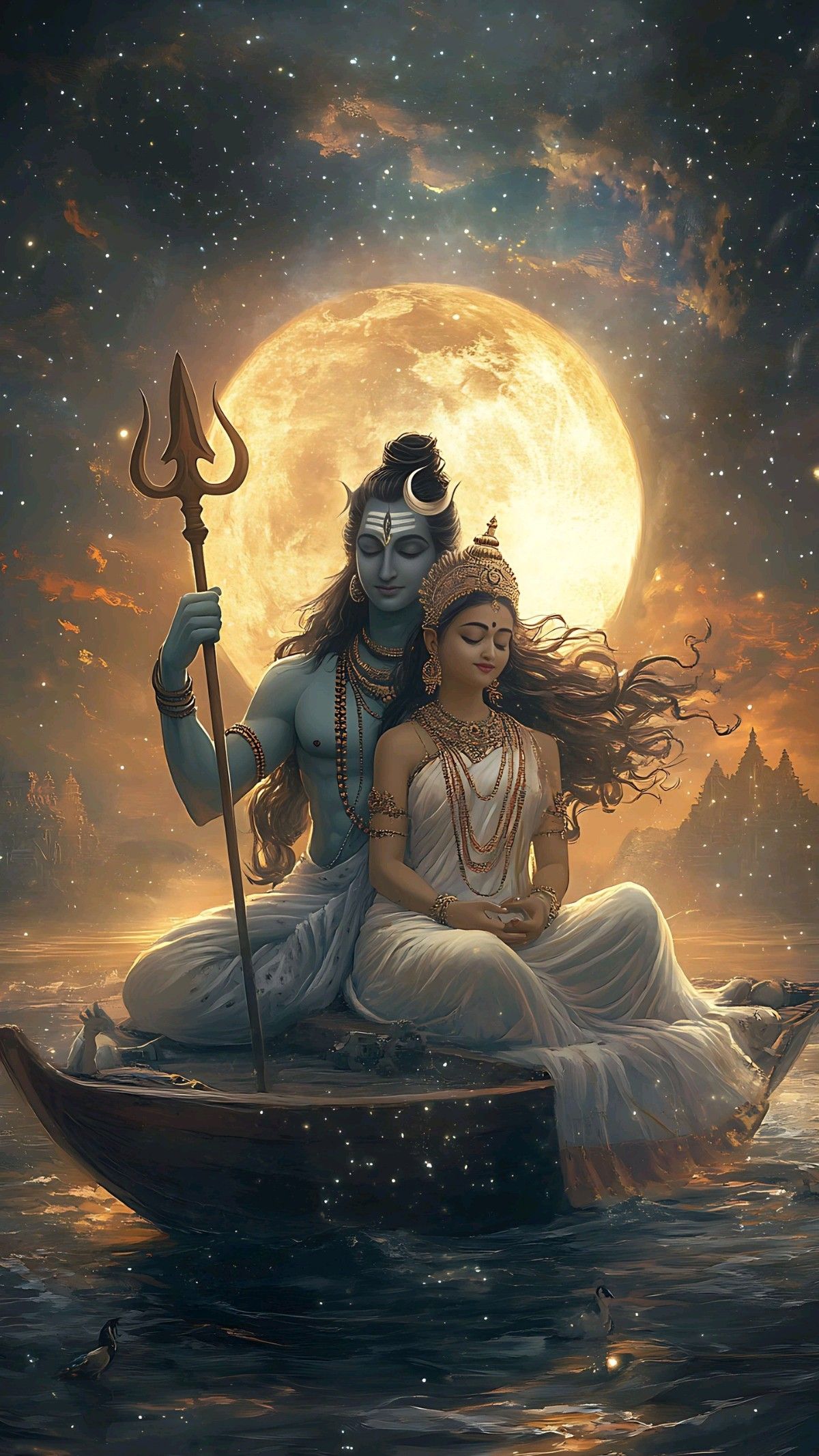 Shiva and Parvati on celestial boat