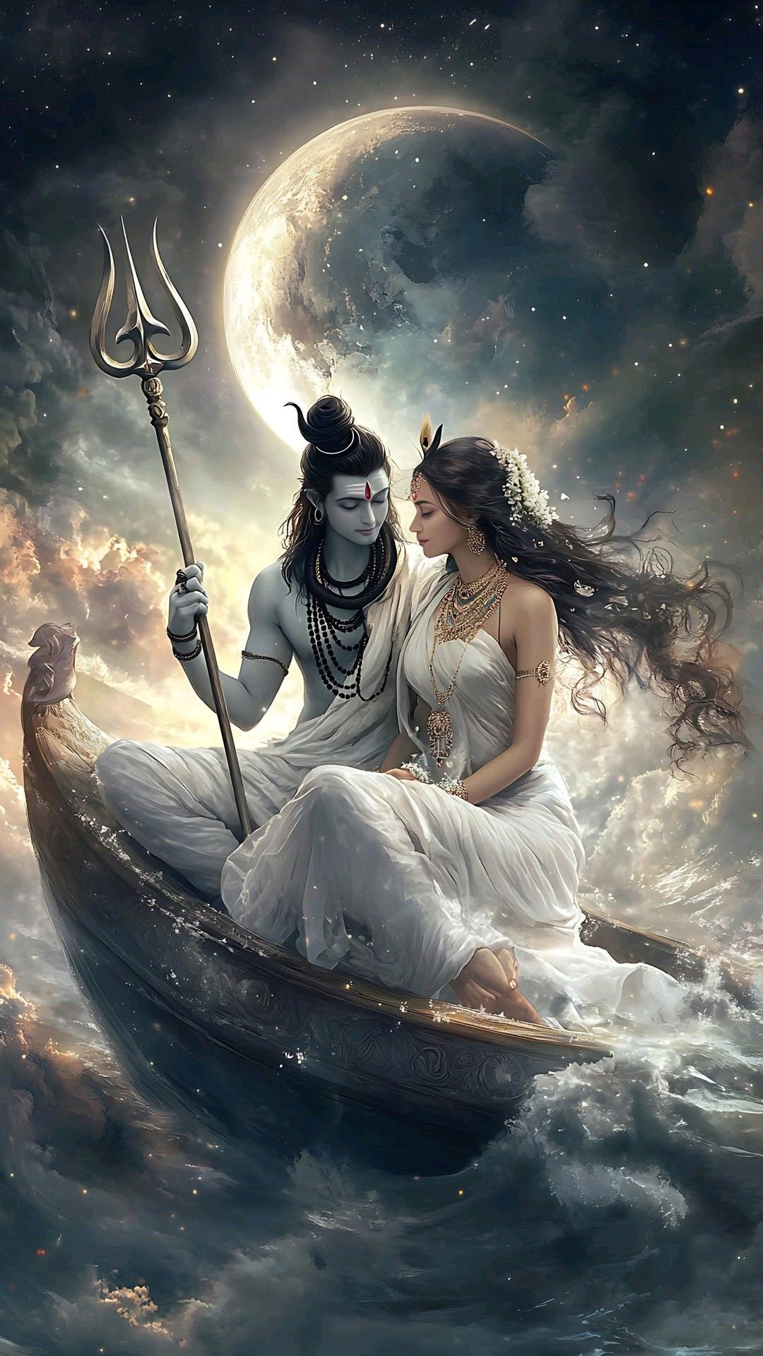 Shiva and Parvati in celestial boat
