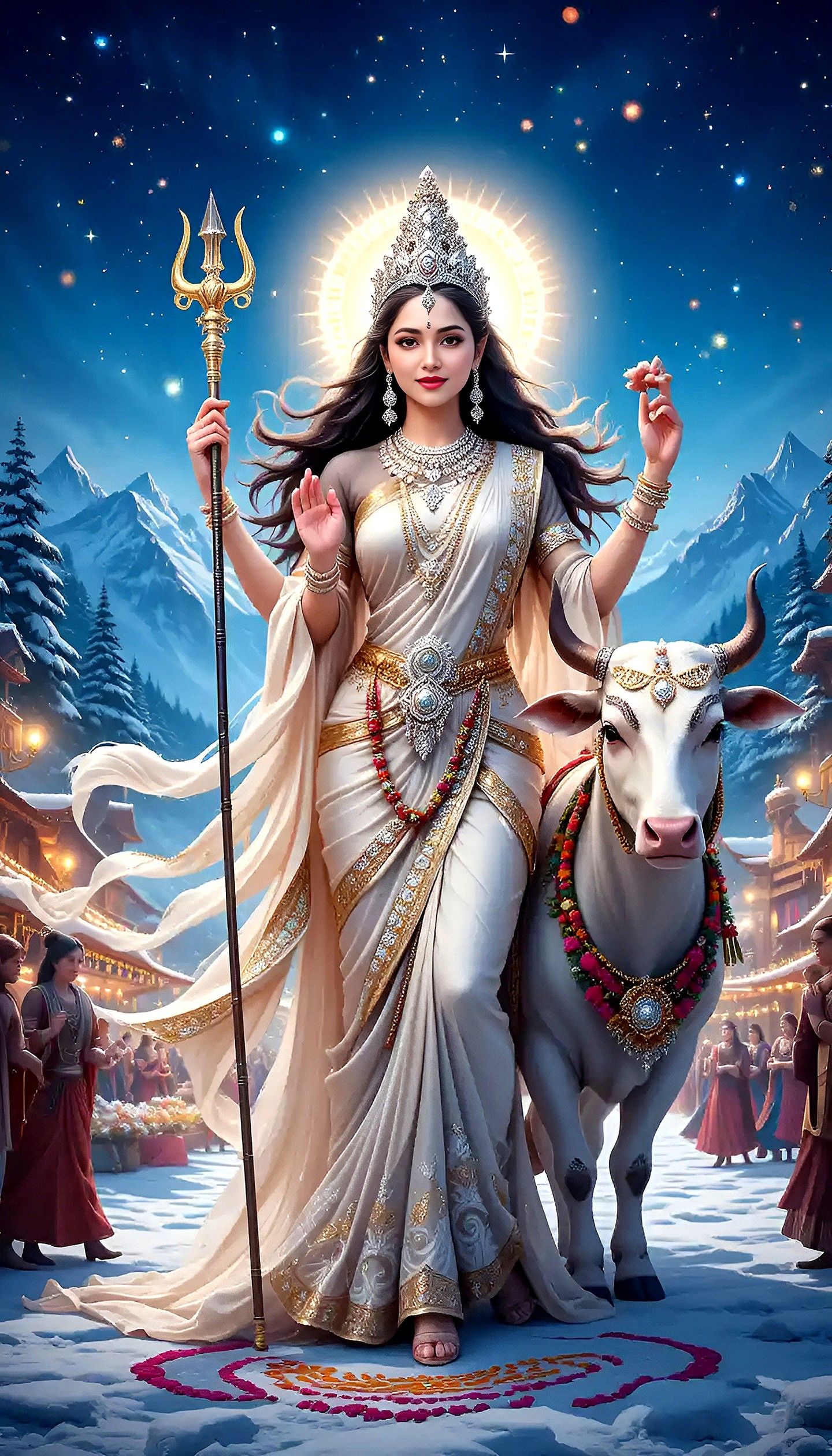 Parvati Maa with Nandi, divine mountain goddess.