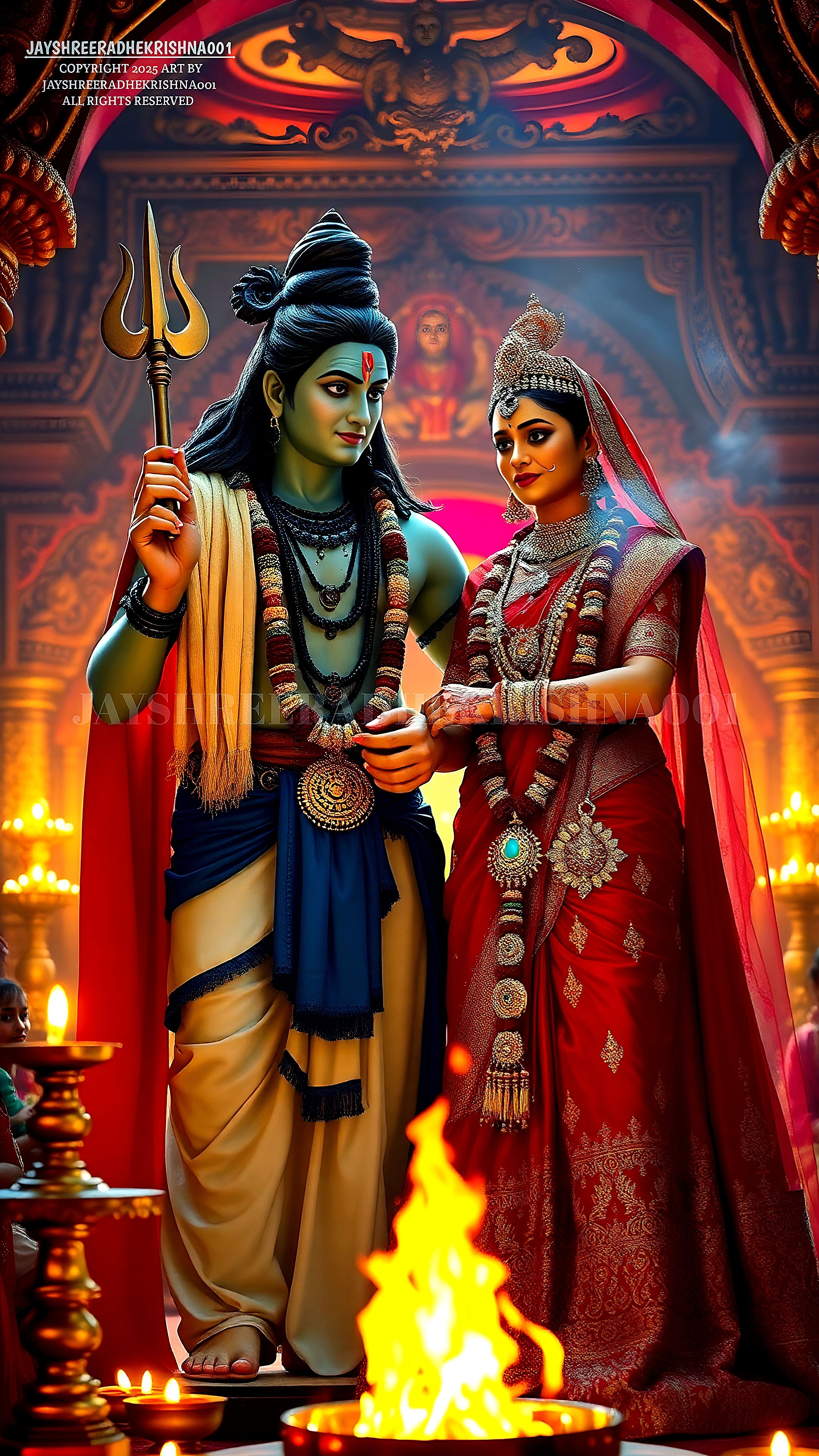 Shiva and Parvati stand before a flame
