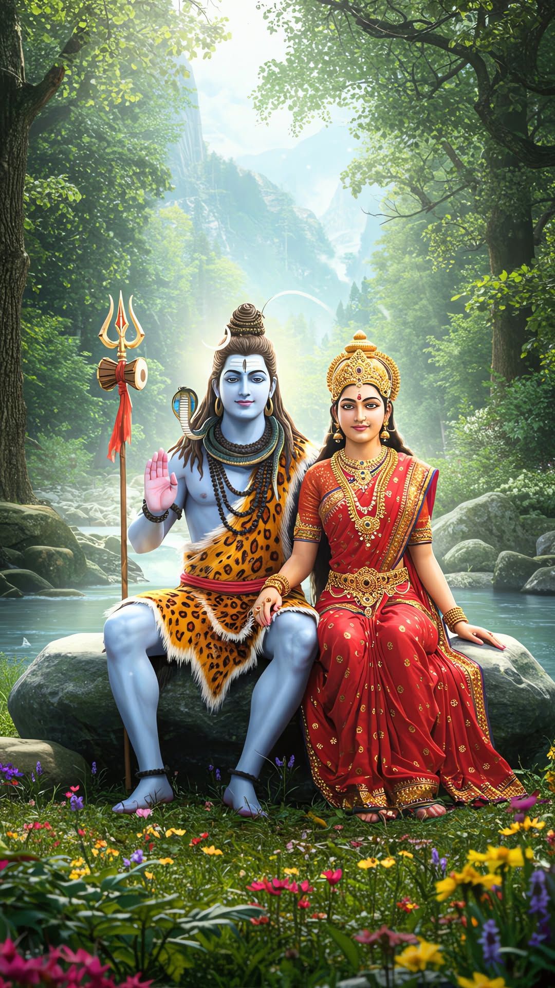 Shiva and Parvati seated in a forest