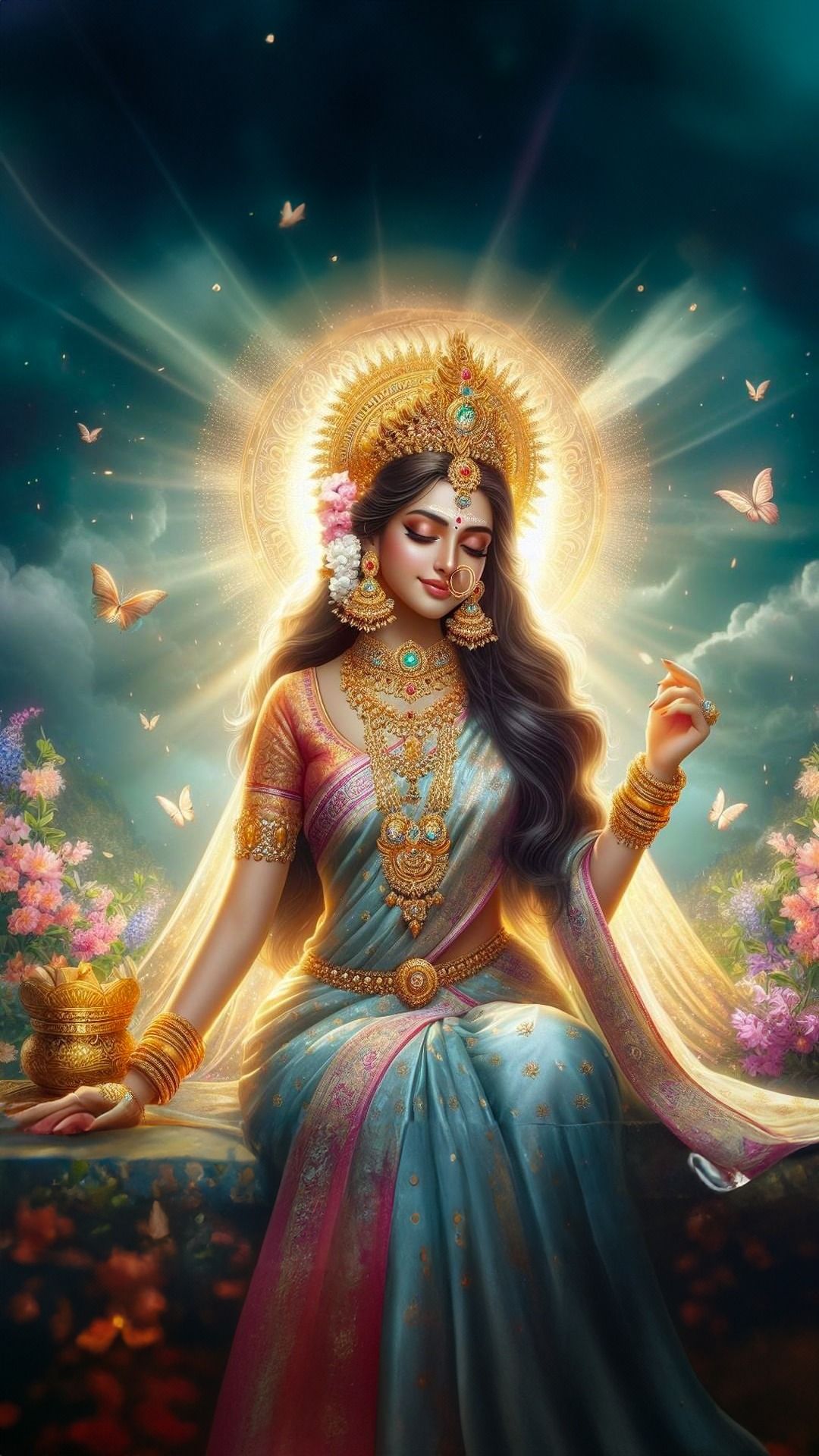 Radiant Parvati Maa surrounded by flowers