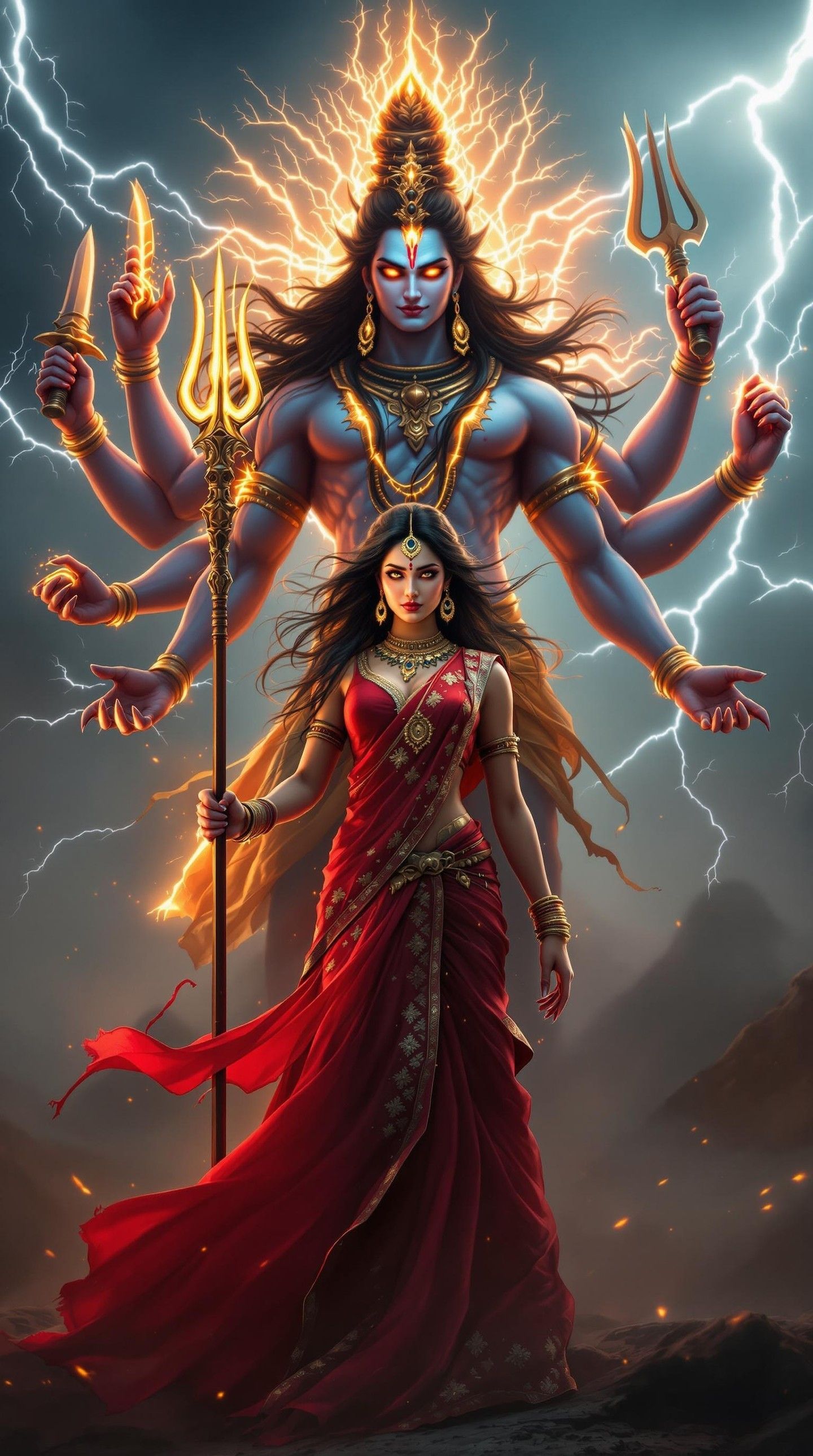 Parvati Maa and Shiva amidst lightning.