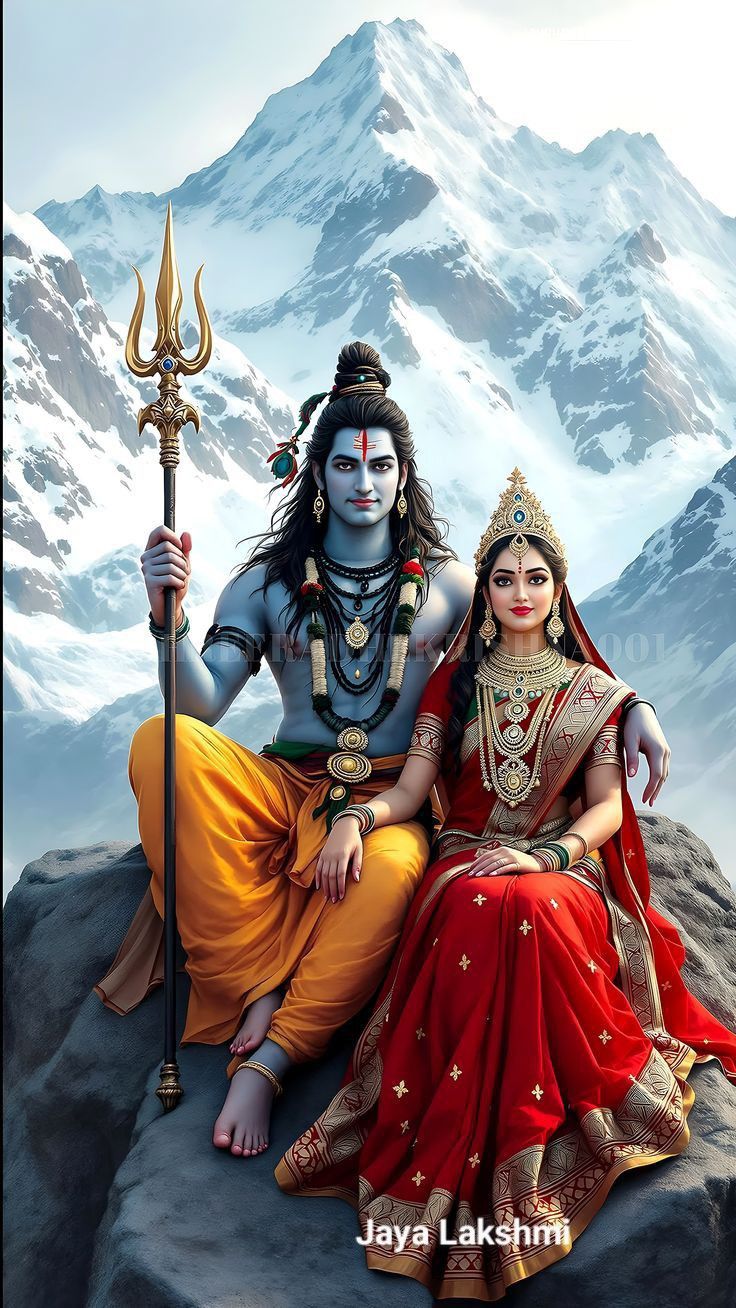 Shiva and Parvati on snowy mountain