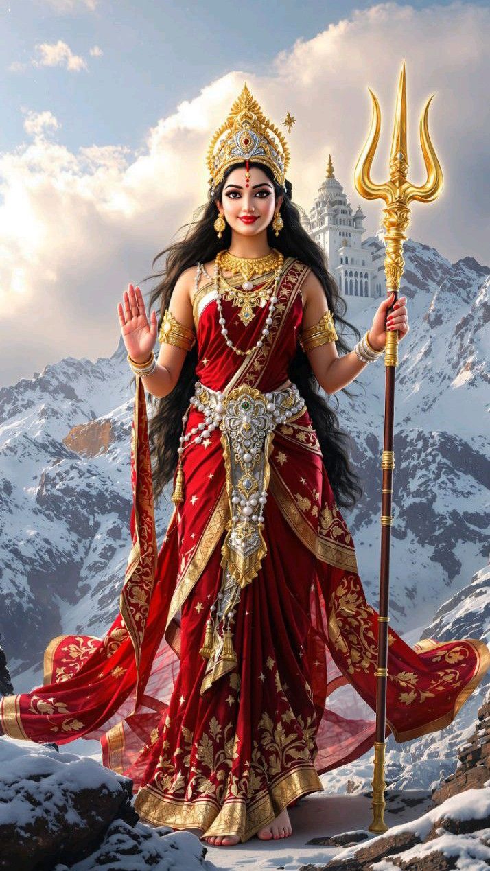 Parvati Maa stands in snowy mountains