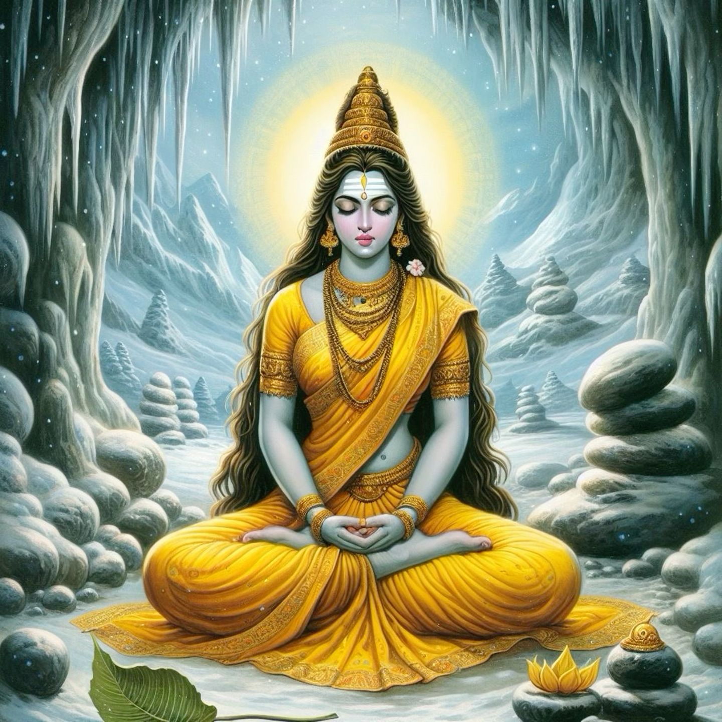 Parvati Maa meditating in a mountain cave