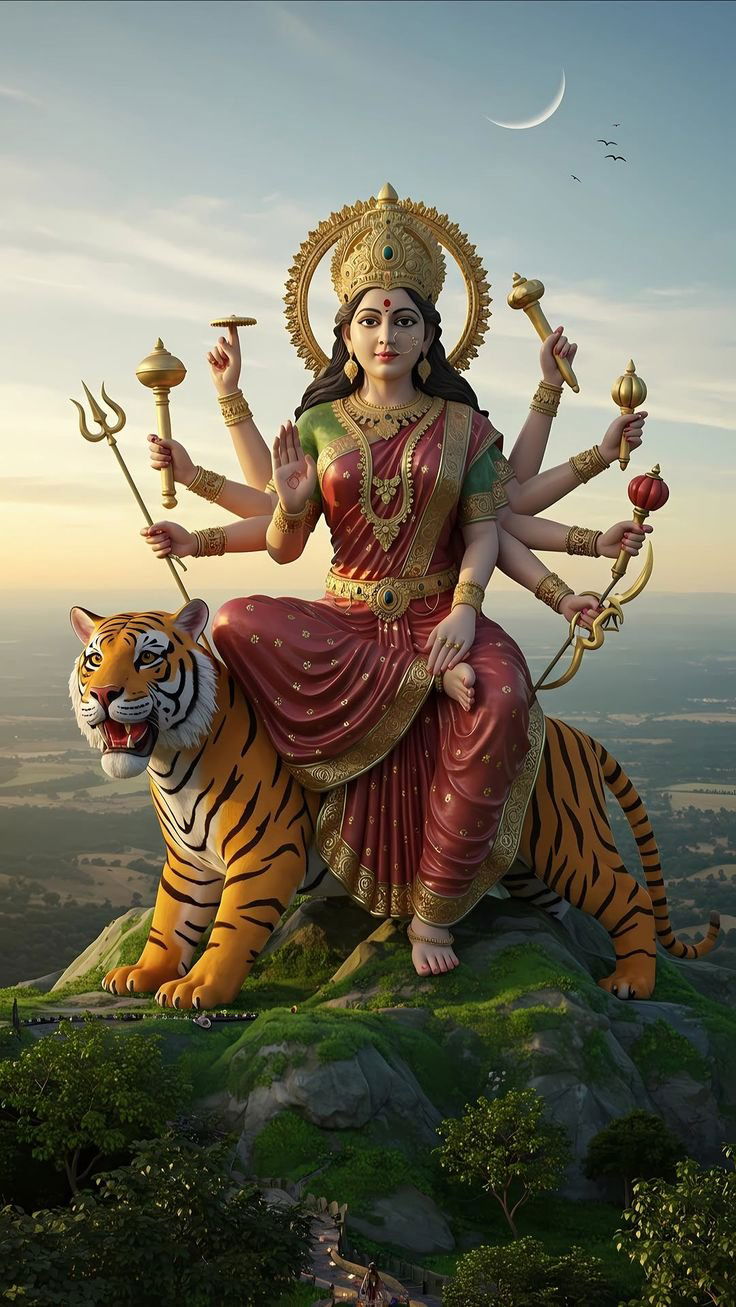 Parvati Maa riding a tiger at sunset