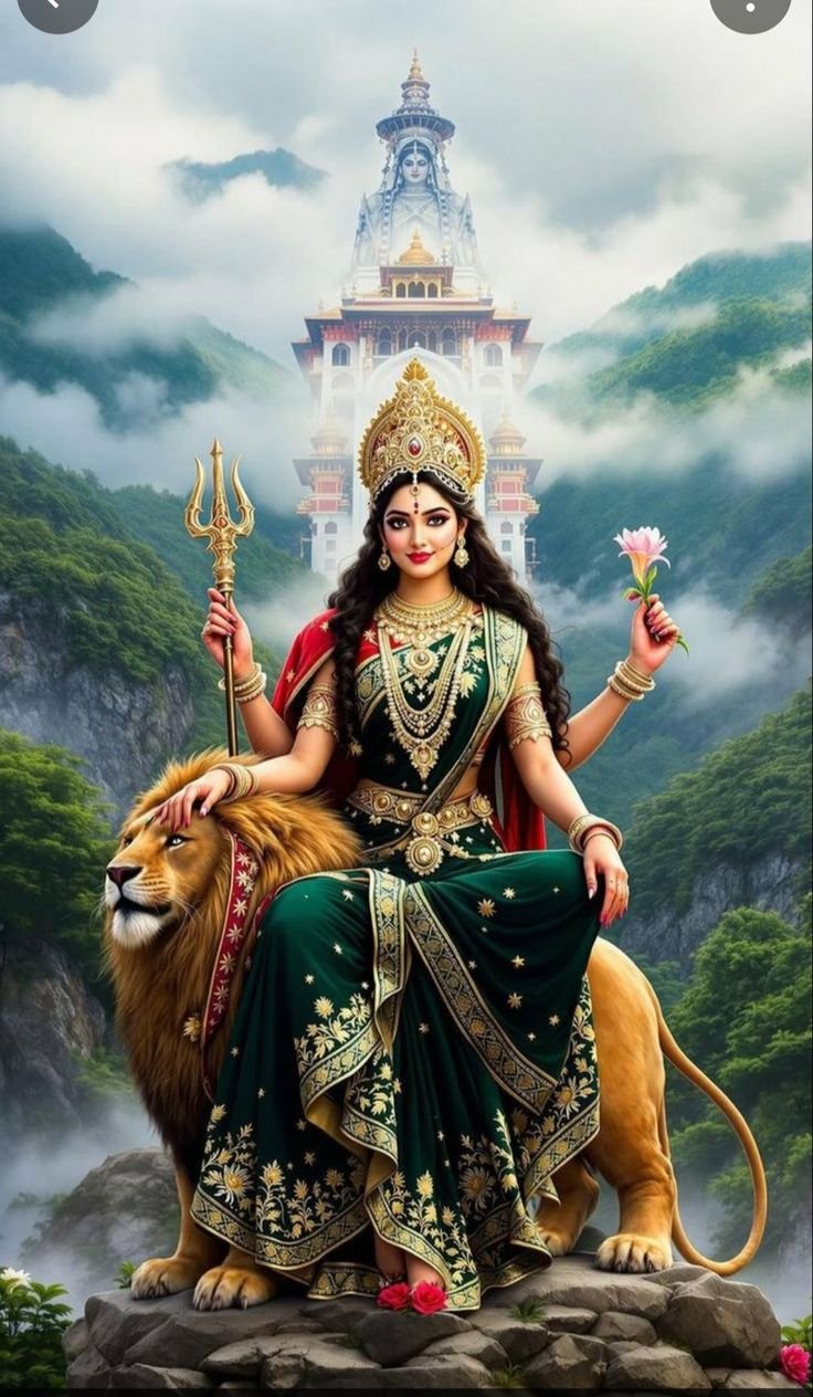 Parvati Maa seated on a lion.