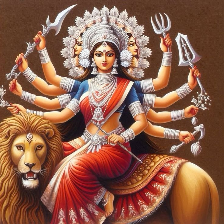 Goddess Durga riding a golden lion.