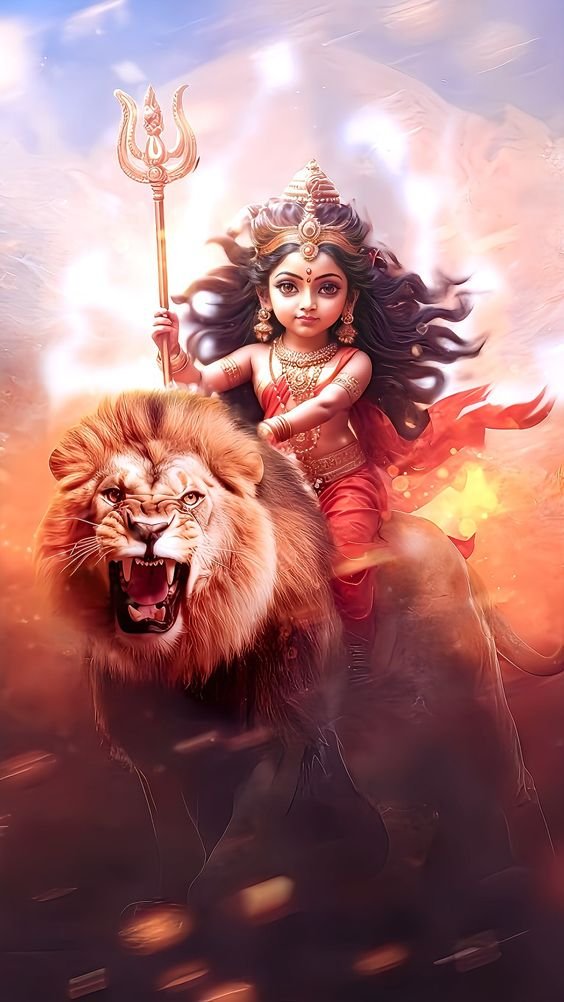 Parvati rides a majestic lion.