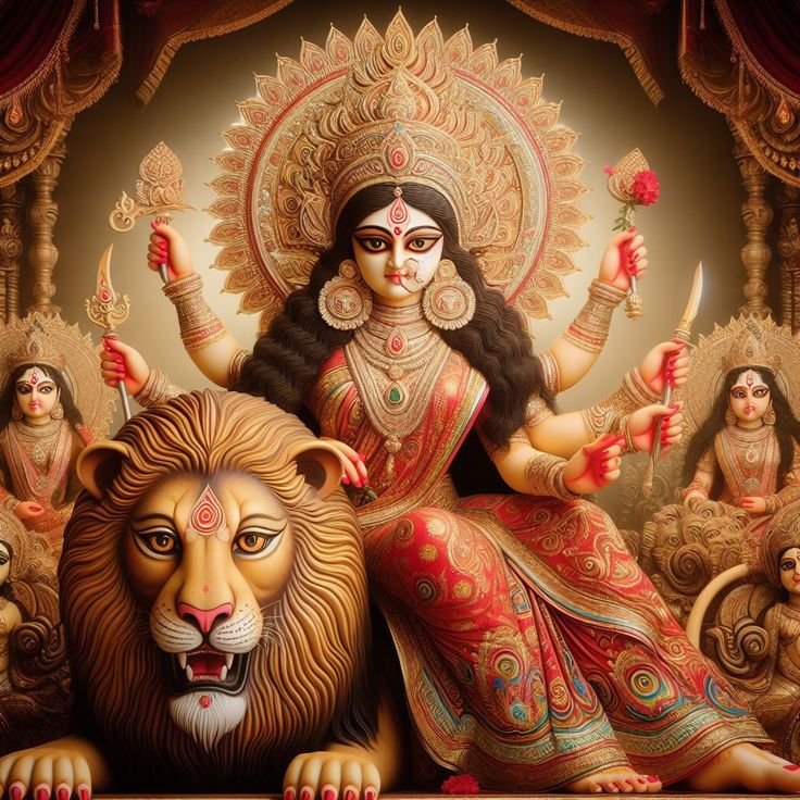 Goddess Durga riding a lion