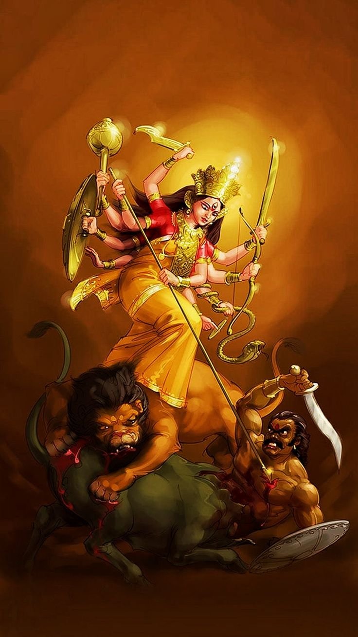 Durga Maa riding a lion, wielding weapons