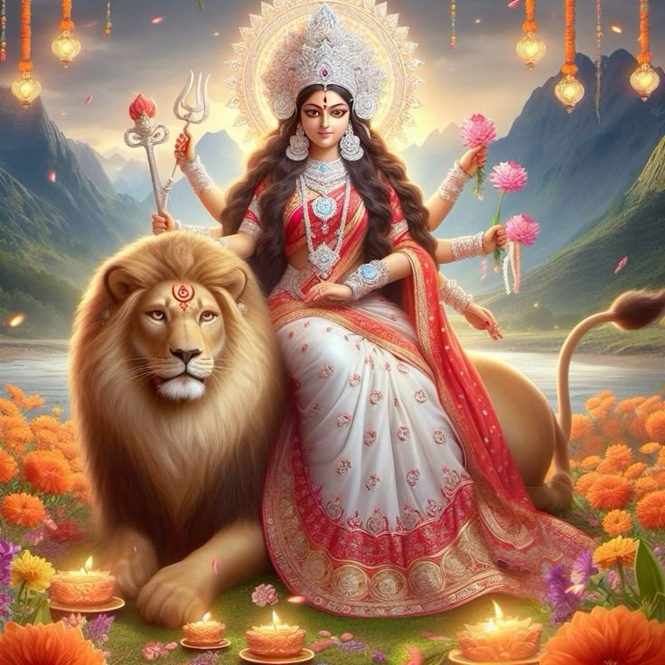 Parvati Maa on a lion, majestic goddess.