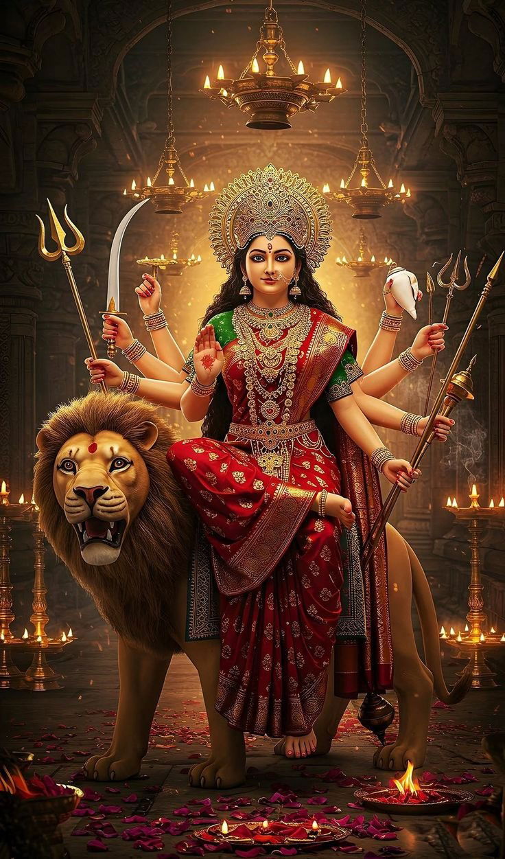 Parvati maa riding a lion, divine goddess.