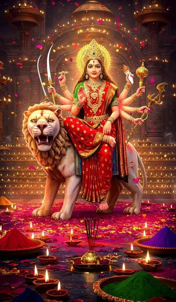 Parvati Maa riding a lion, divine power.