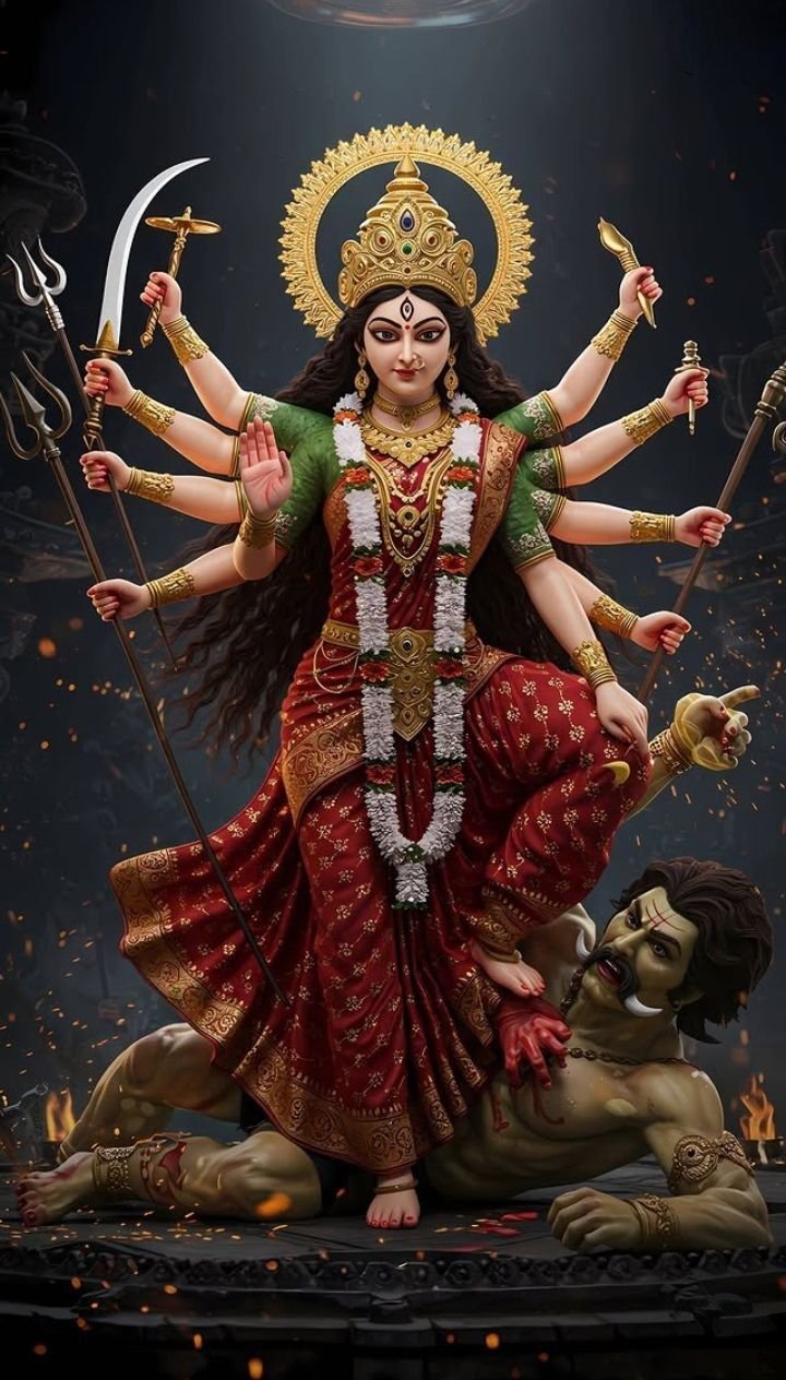 Maa Durga defeating the demon Mahishasura.