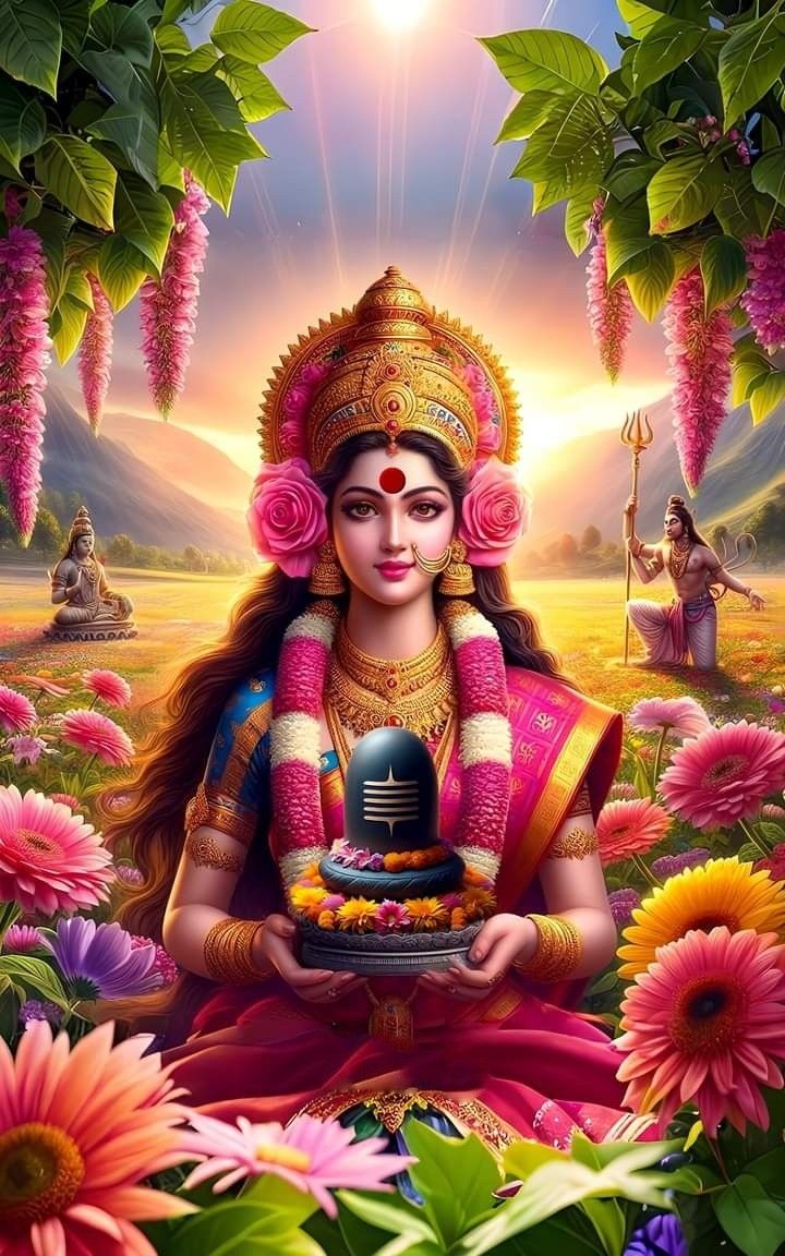 Goddess Parvati holding a sacred lingam.