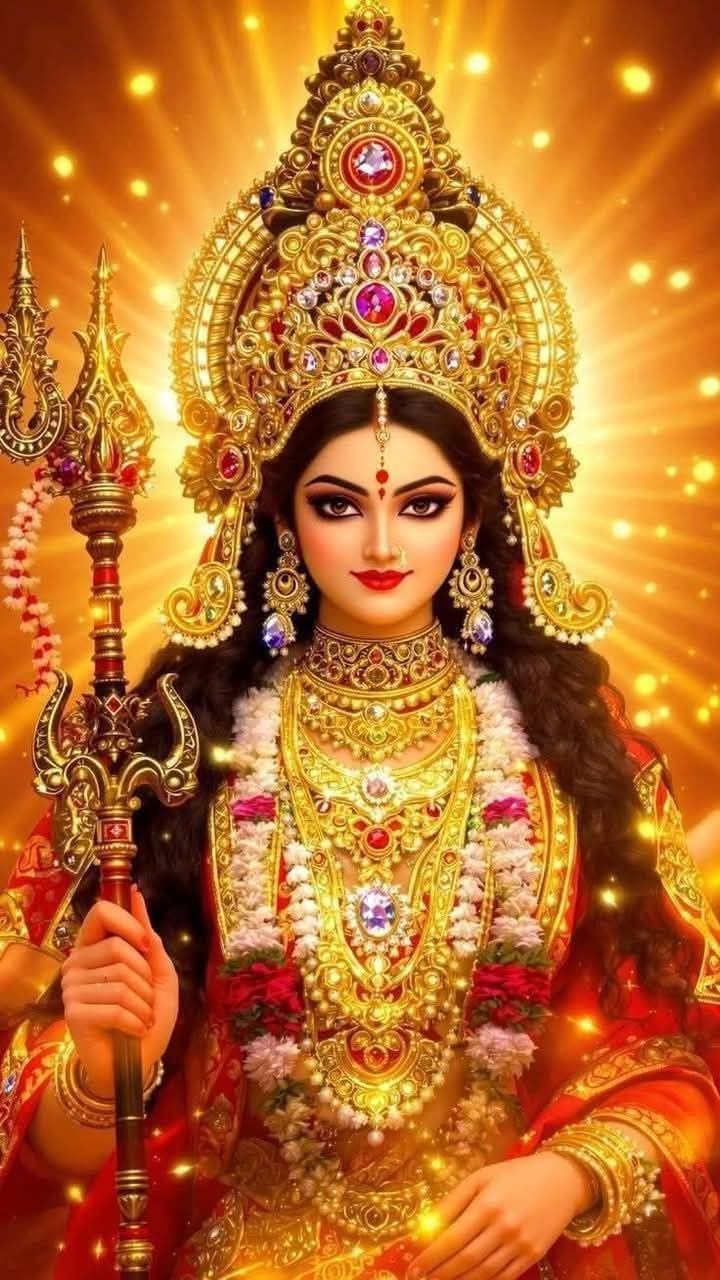 Goddess Parvati adorned in golden jewelry.