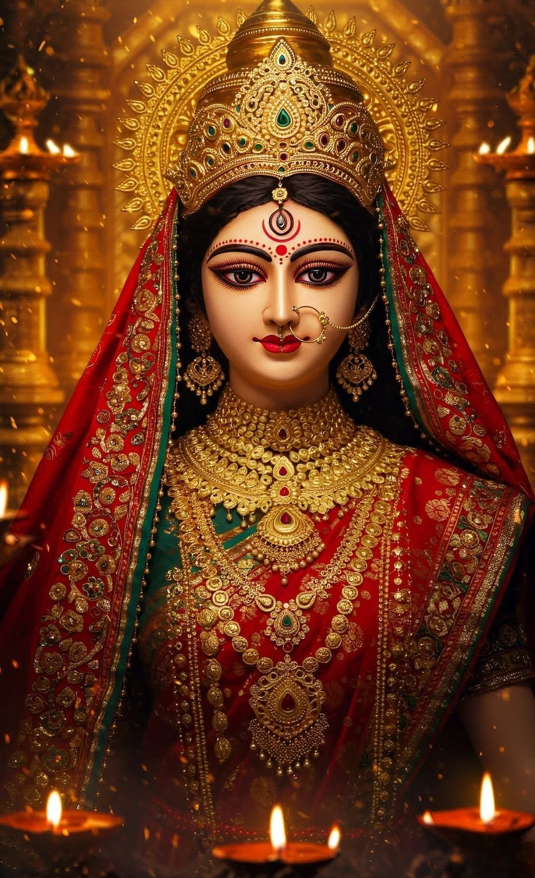 Close-up of goddess Parvati in red sari