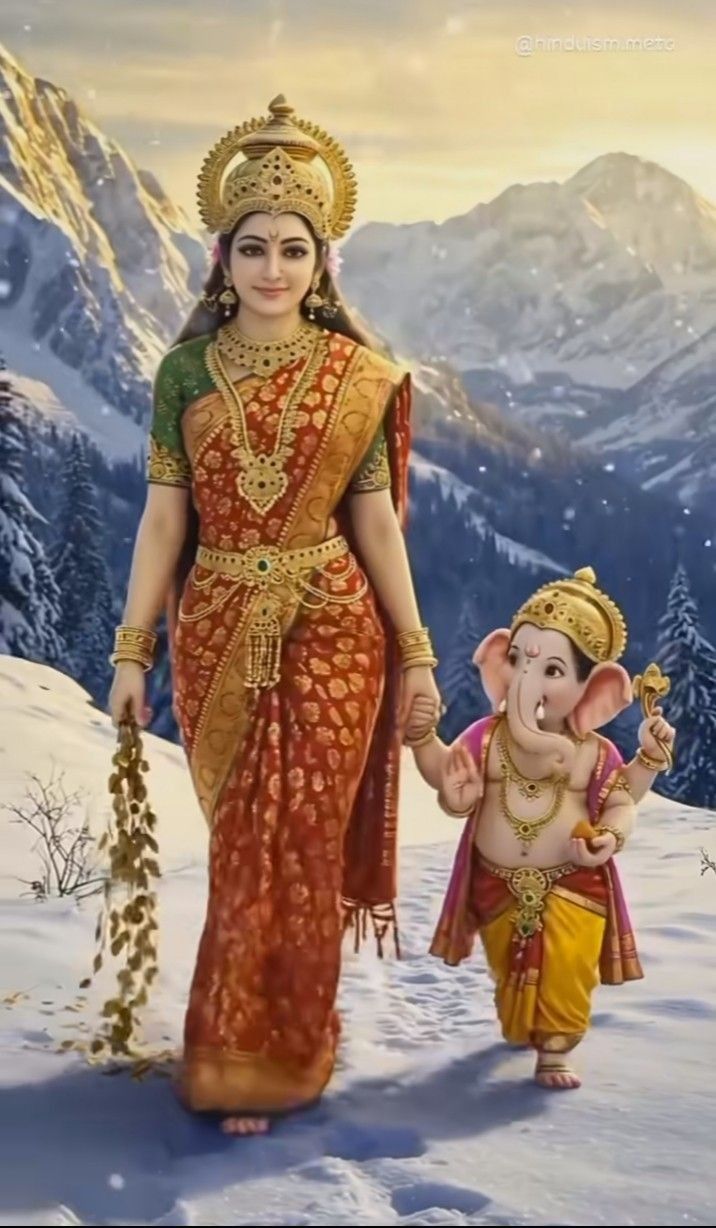 Parvati Maa with baby Ganesha in snow.