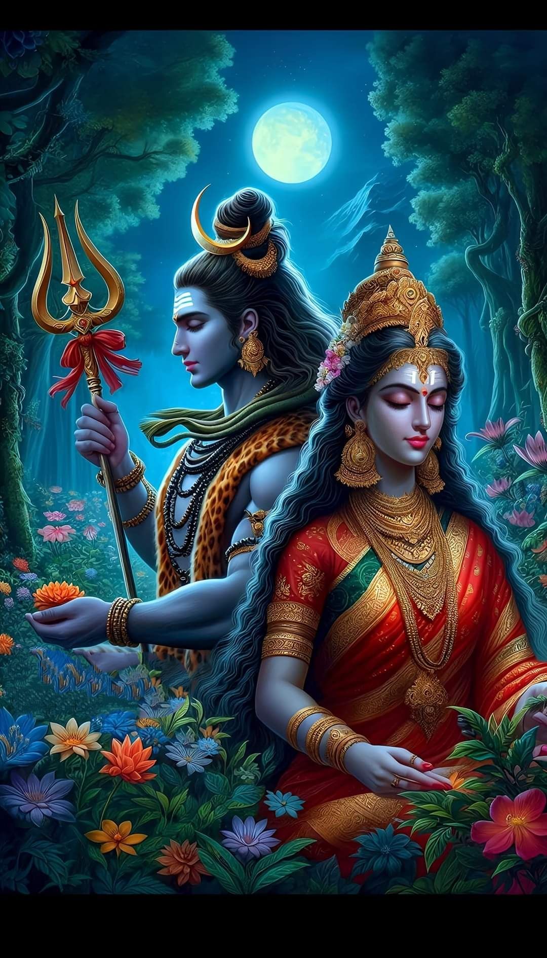 Shiva and Parvati in a forest setting