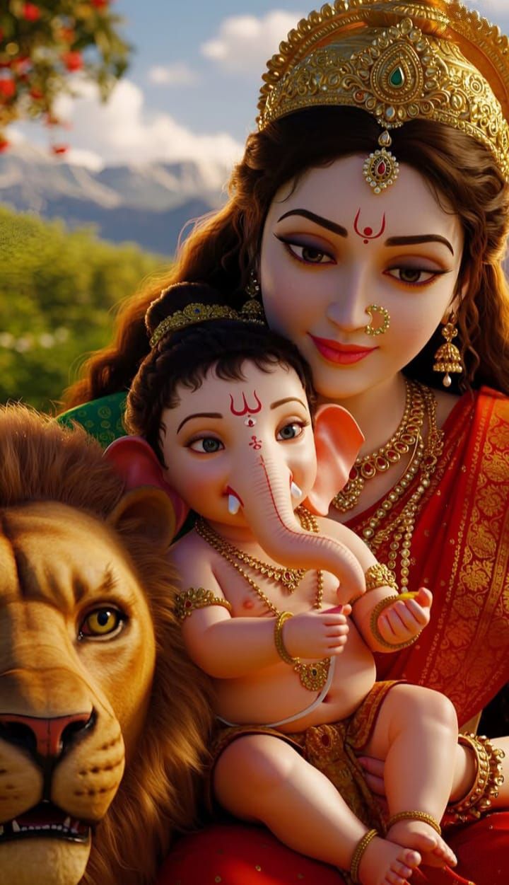 Parvati Maa with baby Ganesha and lion