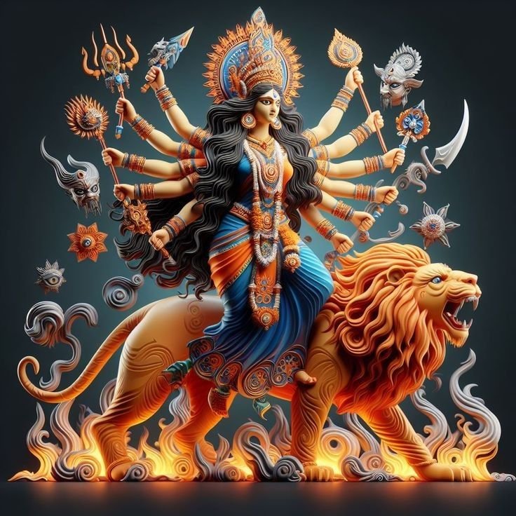 Goddess Durga riding a majestic lion.