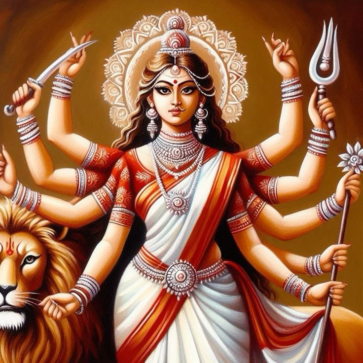 Goddess Durga with lion and weapons