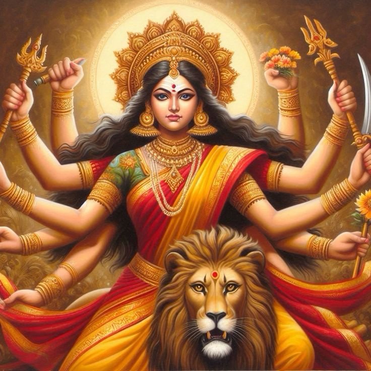 Goddess Durga seated on a lion.
