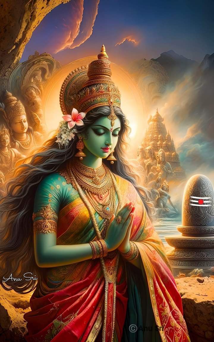 Parvati Maa in prayer with Shiva Linga