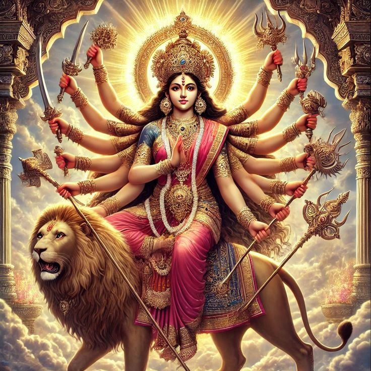 Durga Maa riding a lion, divine protection.
