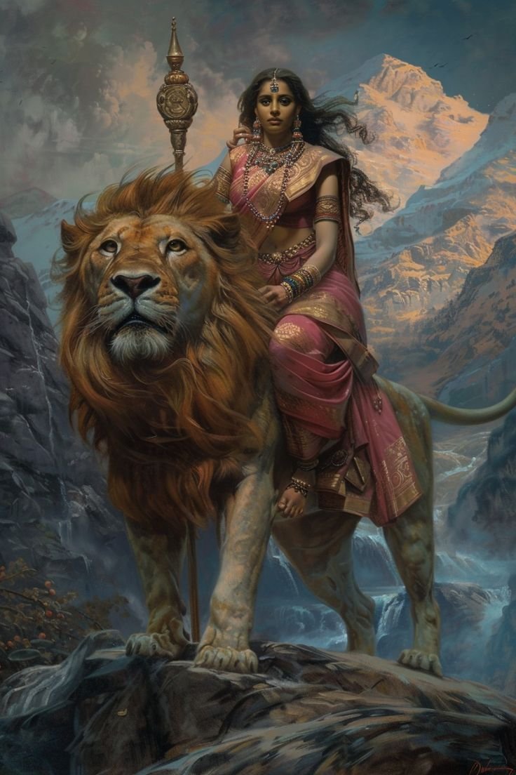 Parvati Maa riding a golden lion.