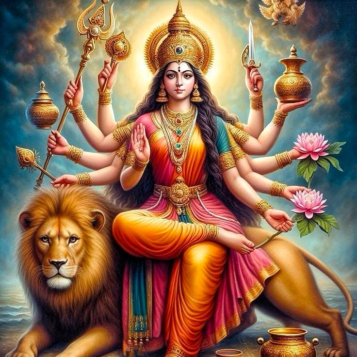 Parvati Maa riding a golden lion.