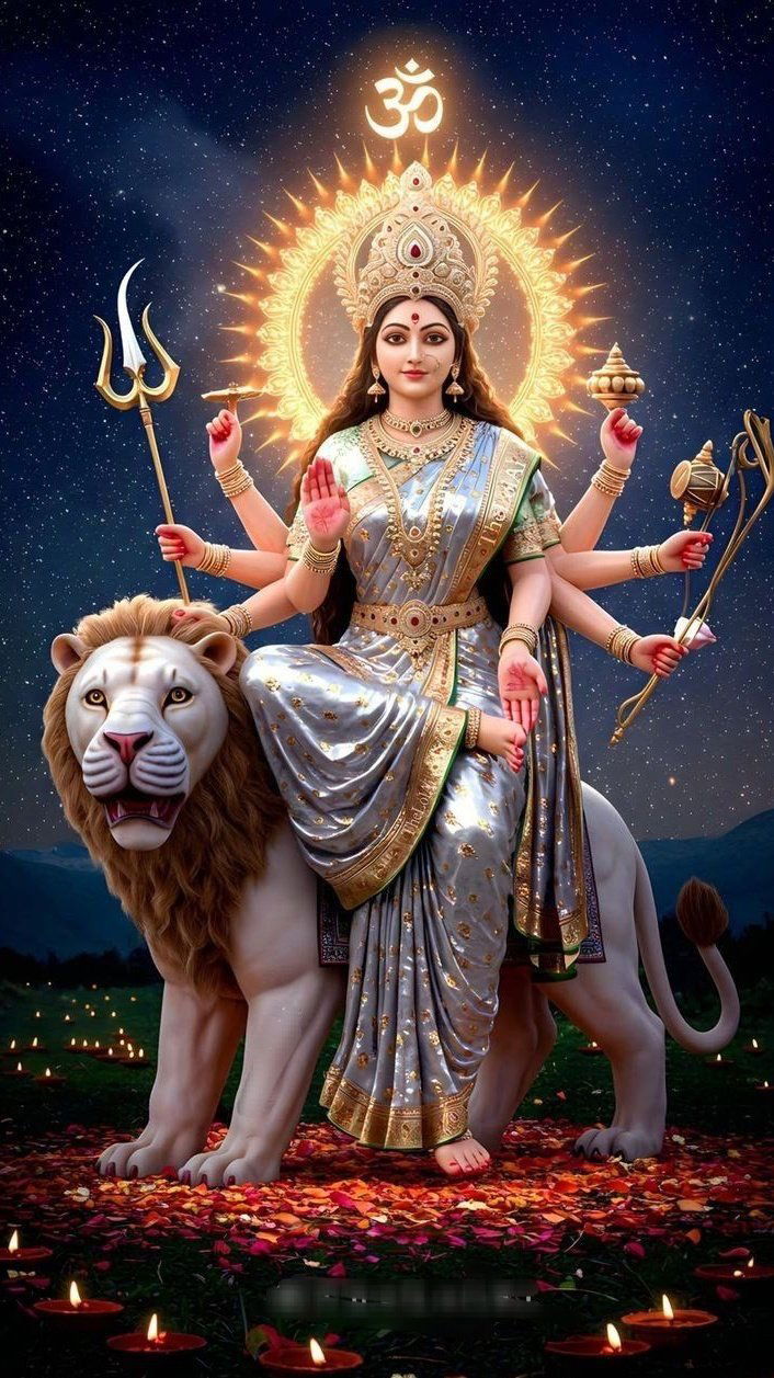 Parvati Maa seated on a lion.