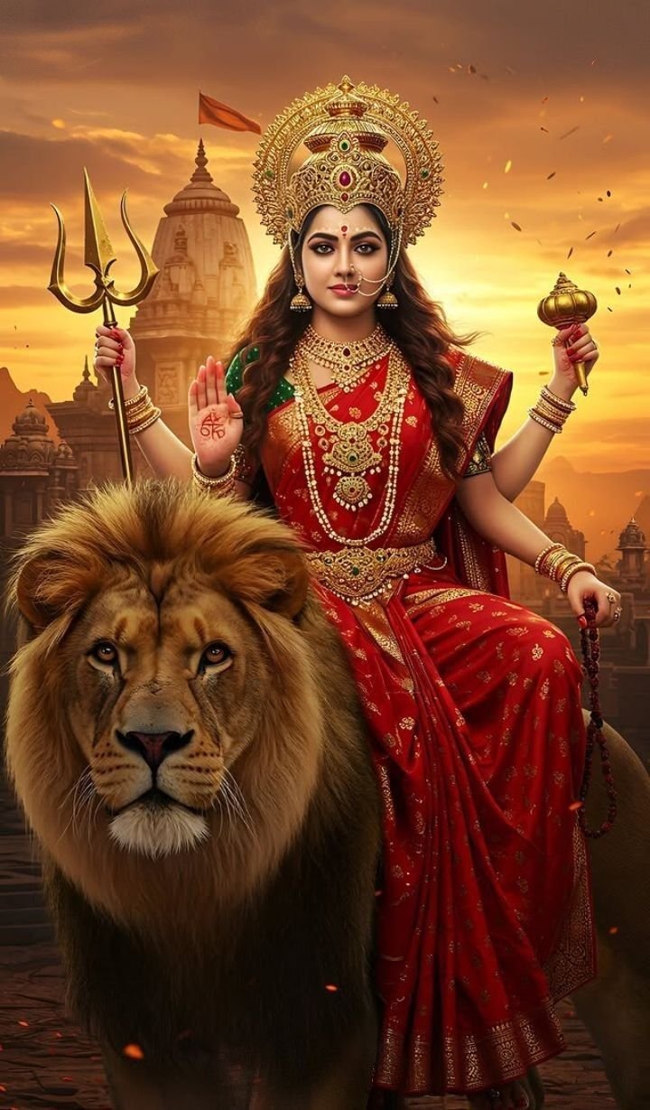 Parvati Maa riding a majestic lion.