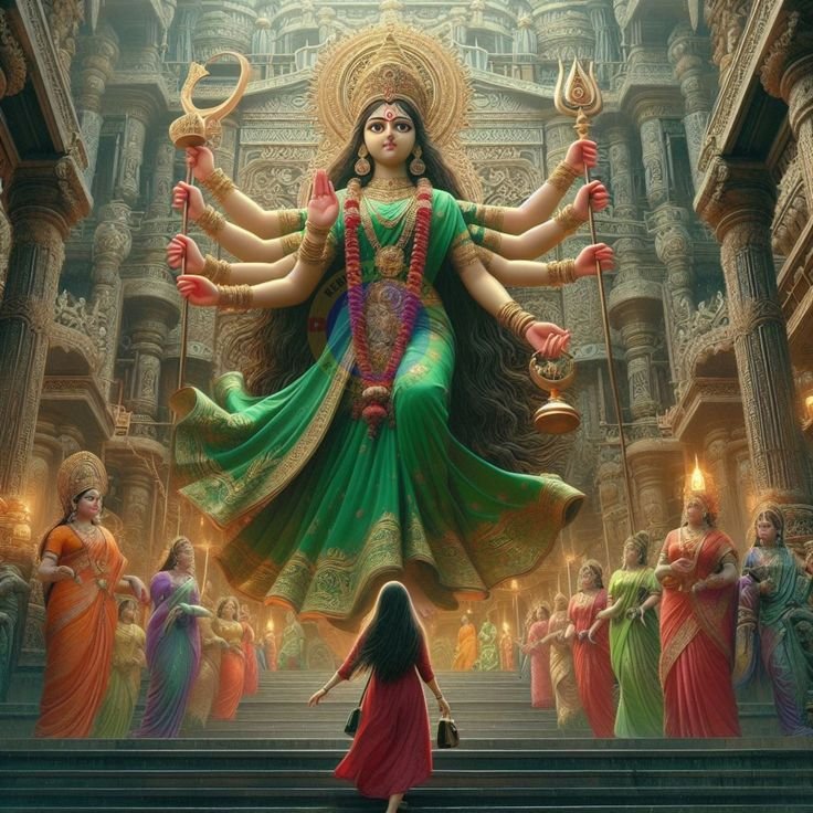 Goddess Parvati descending from temple stairs.